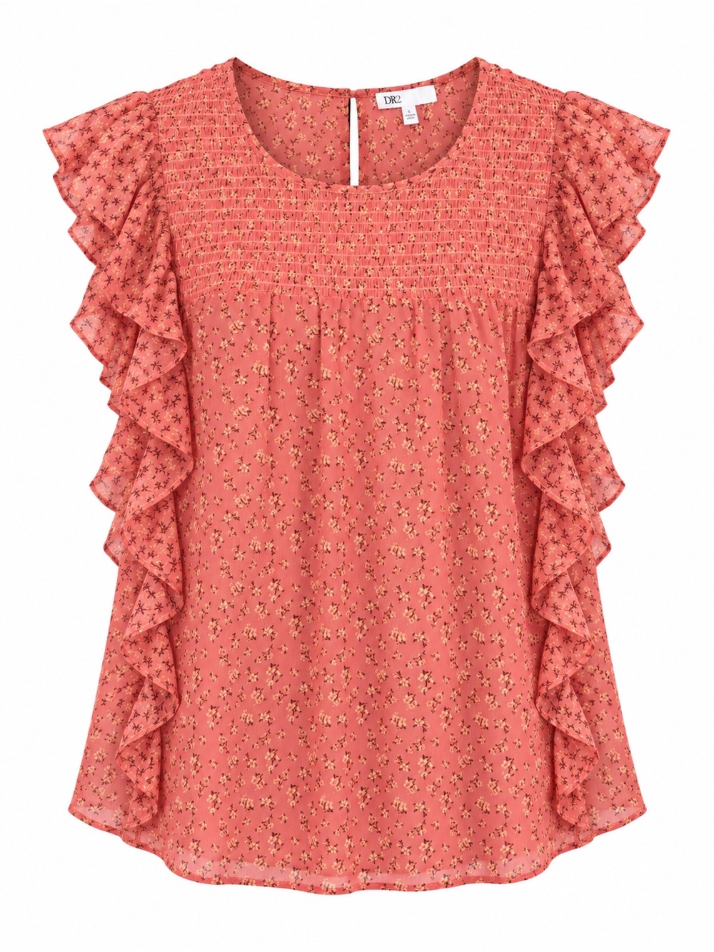 DR2 Coral Ruffle Sleeve Smocked Sheer Top